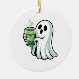 Ornamento De Cerâmica Bebendo Fantasma do Spookie Halloween Matcha Drink