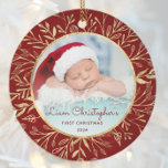 Ornamento De Cerâmica Bebês 1rua Foto de Natal Dourada Foliage Vermelha<br><div class="desc">Celebrar o primeiro Natal do bebê com este lindo ornamento de keepape. Substitua facilmente a imagem de exemplo por sua própria foto favorita e personalize-a com o nome do bebê na fonte vermelha do script e no ano abaixo. Uma tela de gradiente branco ajuda a fazer o pop de texto....</div>
