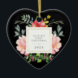 Ornamento De Cerâmica Bebês bonito de Flores Rosa Primeiro Natal em Pret<br><div class="desc">Este belo ornamento apresenta lindas coloração d'água, pentes rosa, cinzas e folhas verdes. Um quadro quadrado com folha de ouro falsa está no centro, e você pode personalizar com o nome do seu bebê e qualquer mensagem ou ano usando o modelo. (NOTA: a aparência de ouro está impressa e esta...</div>