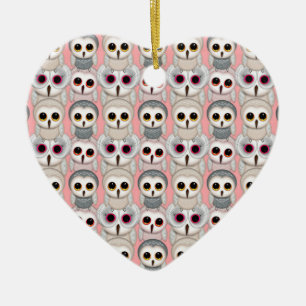 Ornamento De Cerâmica Bebês Corujas em Padrão Rosa