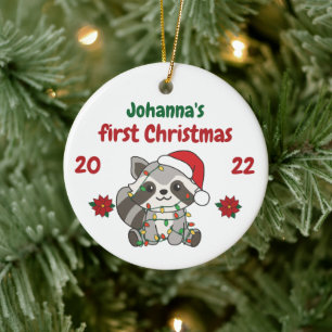 Ornamento De Cerâmica Bebês de inverno de Raccoon no Natal