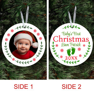 Ornamento De Cerâmica Bebês Foto do Primeiro Natal Floco de Neve Vermelh