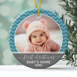 Ornamento De Cerâmica Bebês Fotográficas Primeiro Natal - cinza de cav