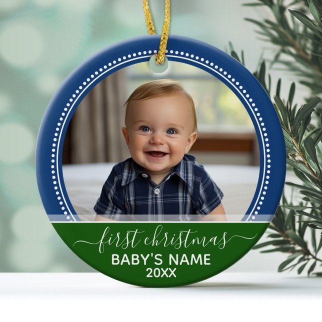 Ornamento De Cerâmica Bebês Primeiro Natal (Personalized ceramic photo ornament)