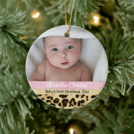 Ornamento De Cerâmica Bebês Rosa Leopard Girl Primeiro Natal Foto