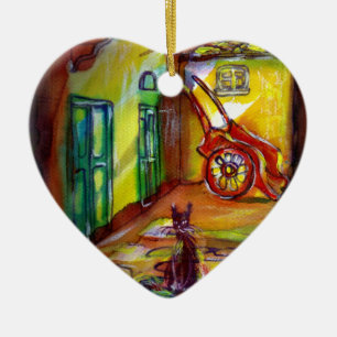 ORNAMENTO DE CERÂMICA BECO MEDIEVAL À NOITE EM FLORENÇA COM GATO PRETO