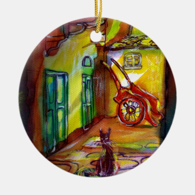 ORNAMENTO DE CERÂMICA BECO MEDIEVAL À NOITE EM FLORENTE COM GATO PRETO (Frente)