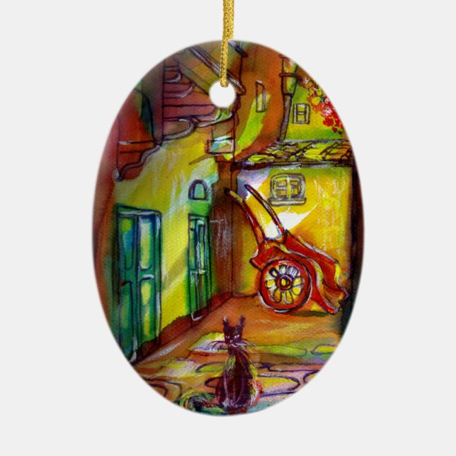 ORNAMENTO DE CERÂMICA BECO MEDIEVAL À NOITE EM FLORENTE COM GATO PRETO (Frente)