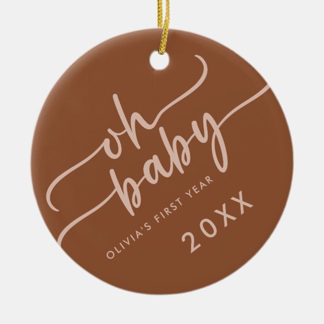 Ornamento De Cerâmica Beige Script Foto do Beige Primeiro Ano (Frente)