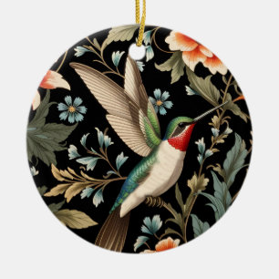 Ornamento De Cerâmica Beija-flor lindo em fundo floral escuro