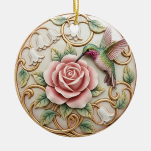 Ornamento De Cerâmica Beija-flor Vintage Rosa Floral Vitoriana