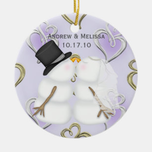 Ornamento De Cerâmica Beijando bonecos de neve casou nosso primeiro