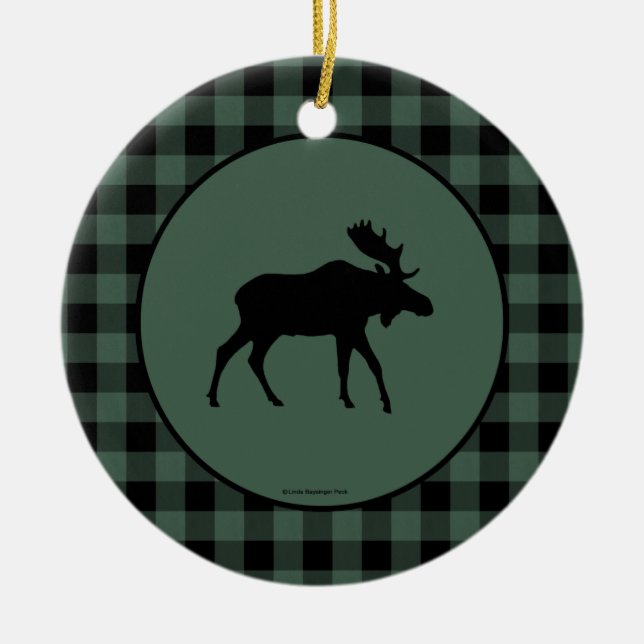 Ornamento De Cerâmica Beira preta verde da xadrez dos alces (Frente)