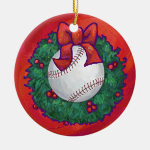 Ornamento De Cerâmica Beisebol em Wreath em Vermelho