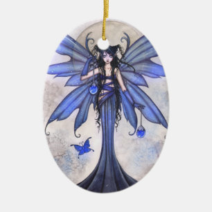 Ornamento De Cerâmica Bela Arte Fantasia de Fada Azul e Borboleta