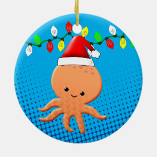 Ornamento De Cerâmica Bela caricatura Octopus Santa Hat Luzes de Natal