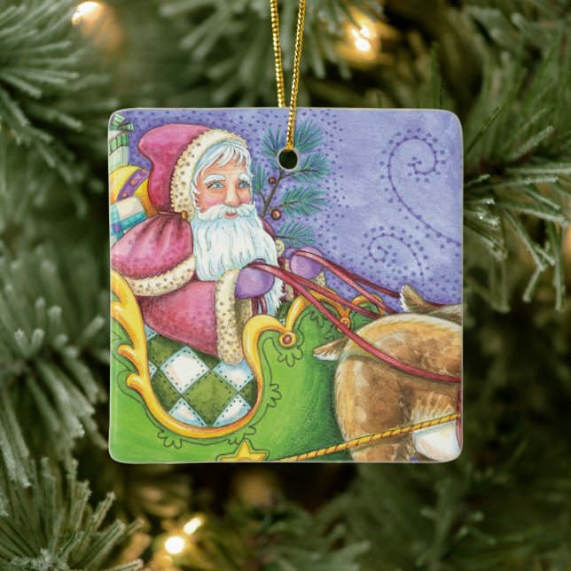 Ornamento De Cerâmica Bela Cartoon Natal Papai Noel Sleigh Reindeer (Árvore)