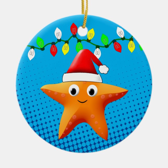 Ornamento De Cerâmica Bela Cartoon Starfish Santa Hat Luzes de Natal (Frente)