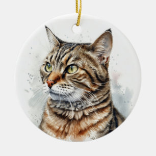 ORNAMENTO DE CERÂMICA BELA MADEIRA RODADA POR GATO DE CABELO CURTO DOMÉS