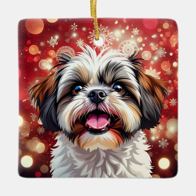 Ornamento De Cerâmica Bela Personalização Shih Tzu no Natal (Frente)