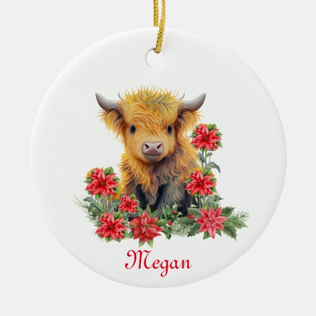 Ornamento De Cerâmica Bela Vaca Highland Nome Personalizado de Natal (Frente)