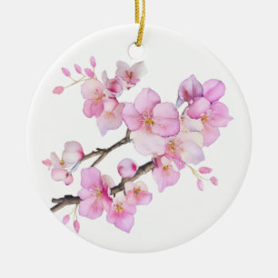 Ornamento De Cerâmica Belas flores de cerejeira em aquarela rosa