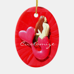Ornamento De Cerâmica beleza coração-atada vermelho da sereia