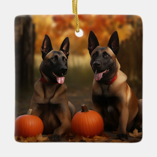 Ornamento De Cerâmica Belga Malinoi Puppy Autumn Delight Pumpkin (Frente)