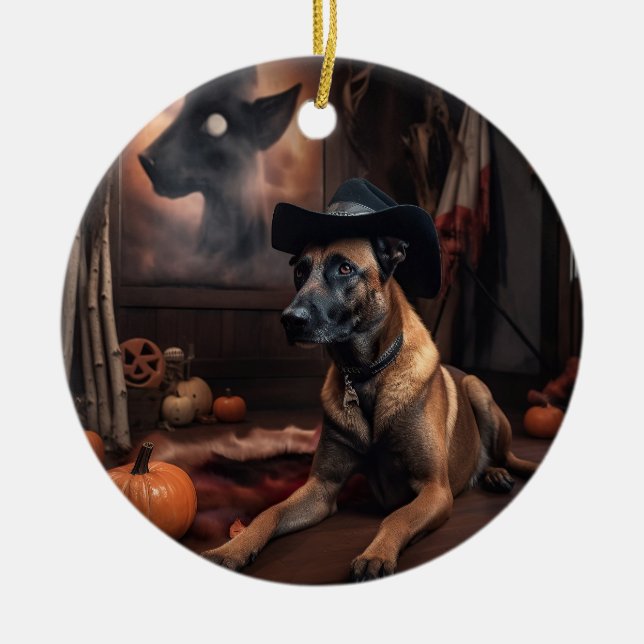 Ornamento De Cerâmica Belga Malinois Pumpkins Halloween Scary (Frente)
