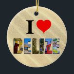 Ornamento De Cerâmica Belize Tropical Sand Beach Viagem Fotos do Natal<br><div class="desc">Mostre a todos o seu amor pelo país de Belize com este ornamento contendo fotos de Ambergris Caye,  Caye Caulker,  e ruínas maias impostas sobre um fundo de praia de areia tropical.</div>