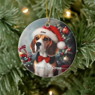 Ornamento De Cerâmica Belo Beagle com Papai Noel