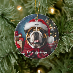 Ornamento De Cerâmica Belo Buldogue com Papai Noel