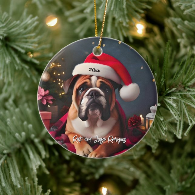 Ornamento De Cerâmica Belo Buldogue com Papai Noel (Árvore)