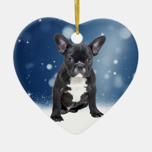 Ornamento De Cerâmica Belo Buldogue Francês Estrelas de Neve Azul Natal (Frente)