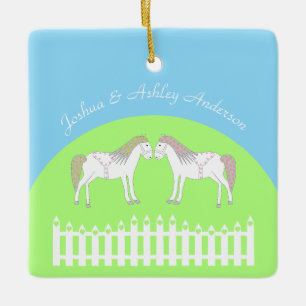 Ornamento De Cerâmica Belo Casamento de Cavalos Brancos Personalizado
