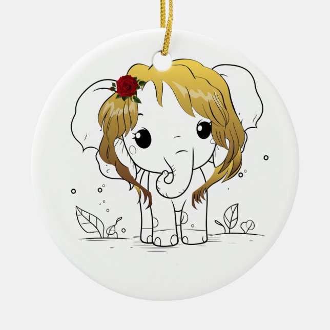 Ornamento De Cerâmica Belo elefante bebê fêmea com cabelo amarelo (Frente)