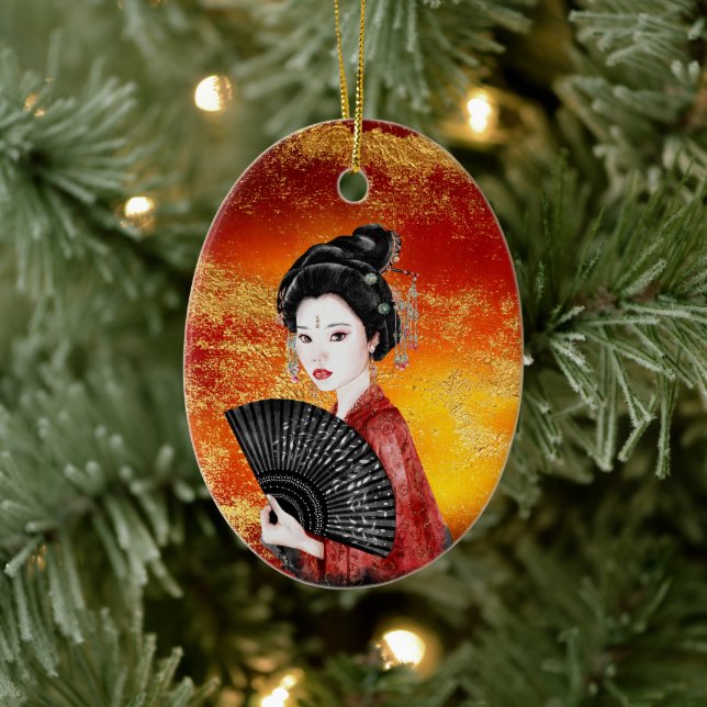 Ornamento De Cerâmica Belo Geisha Japonês Dourado, Natal Vermelho (Árvore)