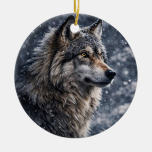 Ornamento De Cerâmica Belo Lobo na Neve Solstício de Inverno