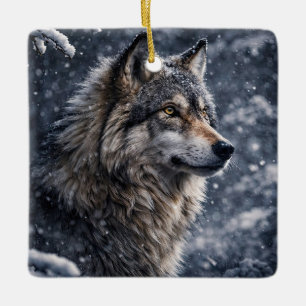 Ornamento De Cerâmica Belo Lobo na Neve Solstício de Inverno