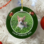 Ornamento De Cerâmica Belo Natal de Pet Fotografia Personalizada<br><div class="desc">Este belo ornamento personalizado de fotografia de um animal de estimação apresenta uma fotografia do seu cão ou gato e texto personalizado por baixo. Adicione sua própria foto de cachorro para um presente de manutenção fofo. Decorado com bonito pulverizações florais em ambos os lados da imagem. Flores de Natal elegantes...</div>