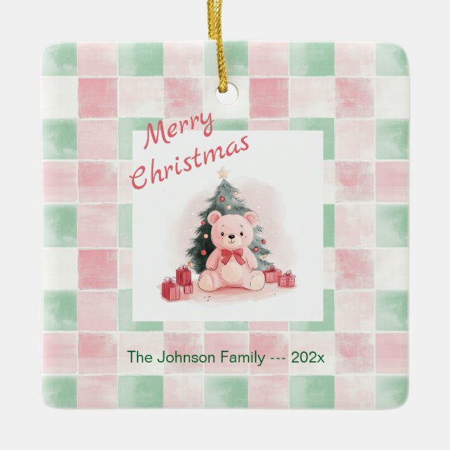 Ornamento De Cerâmica Belo Natal do Urso Rosa (Frente)