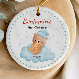 Ornamento De Cerâmica Belo primeiro bebê de Natal, urso azul
