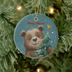 Ornamento De Cerâmica Belo Urso Bonito Abraçando Árvore de Natal