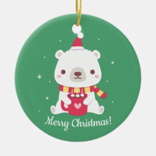 Ornamento De Cerâmica Belo Urso Polar de Natal Feliz
