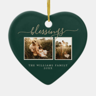 Ornamento De Cerâmica Bênção de Natal 2 Foto - Família Verde Escura