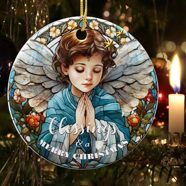 Ornamento De Cerâmica Bênçãos De Anjo De Vidro Manchado (Christmas ornament featuring a stained glass design with a praying angel)