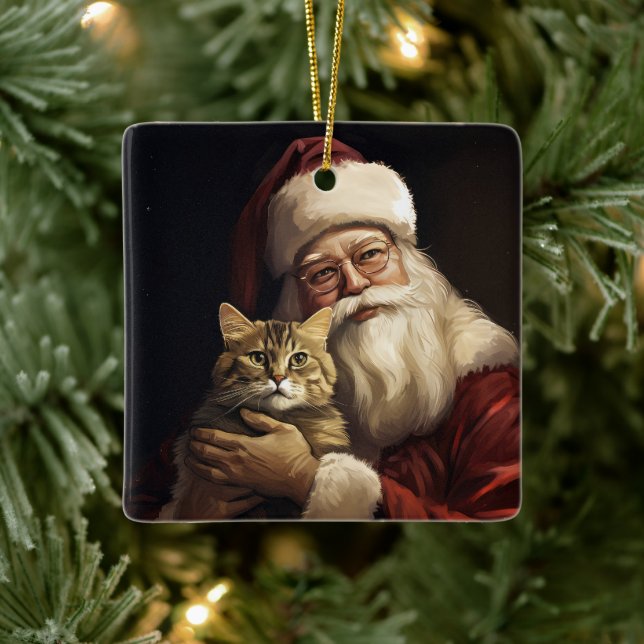 Ornamento De Cerâmica Bengala Cat com Papai Noel Natal Festivo (Árvore)