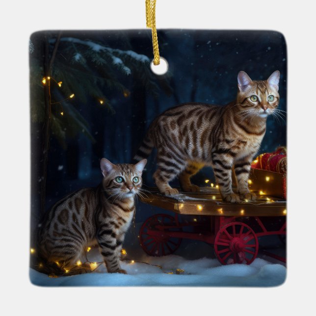 Ornamento De Cerâmica Bengala Cat Snowy Sleigh Passear Decência de Natal (Frente)