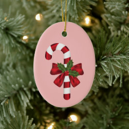 Ornamento De Cerâmica Bengala com um Laço e Azevinho de Natal em Rosa
