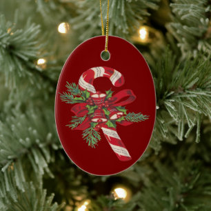Ornamento De Cerâmica Bengala de Natal com Fita Decorativa